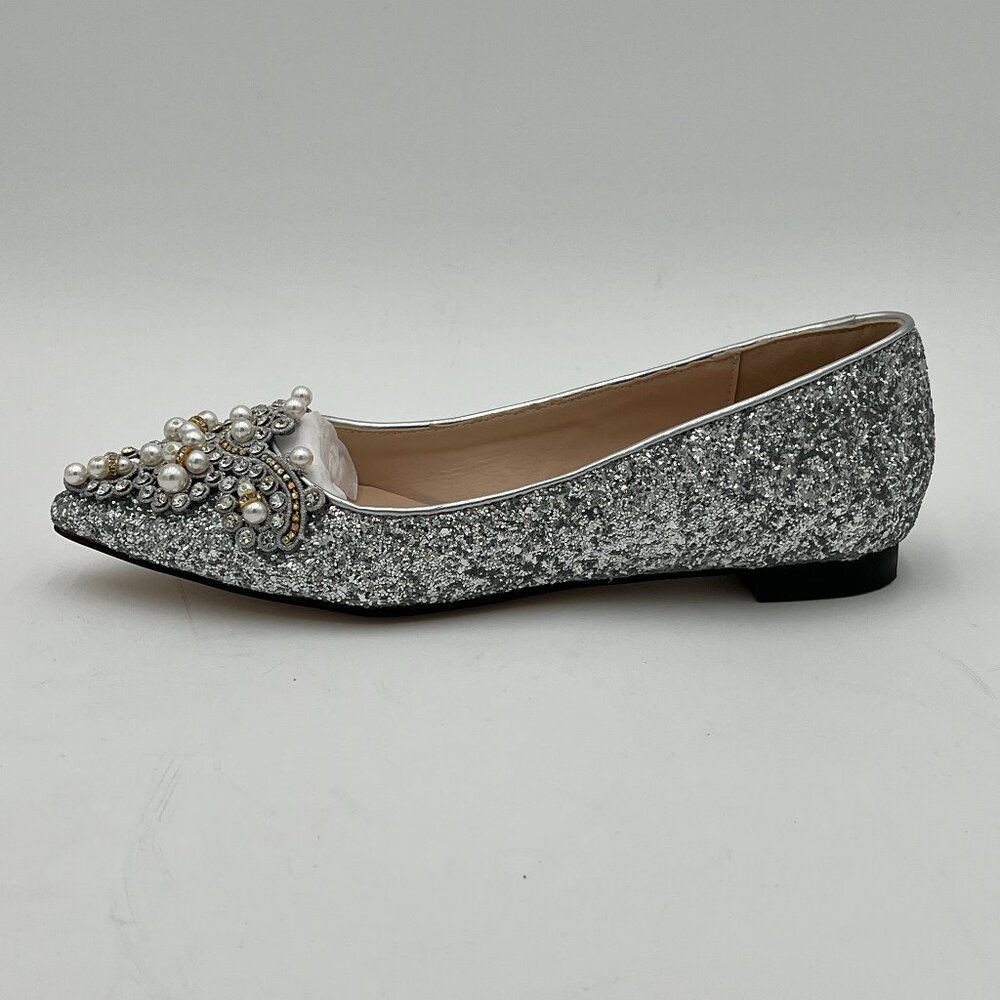 XYD Silver Glitter Pointed Toe Rhinestone Studs Pumps Slip-On Shoes for Wedding
